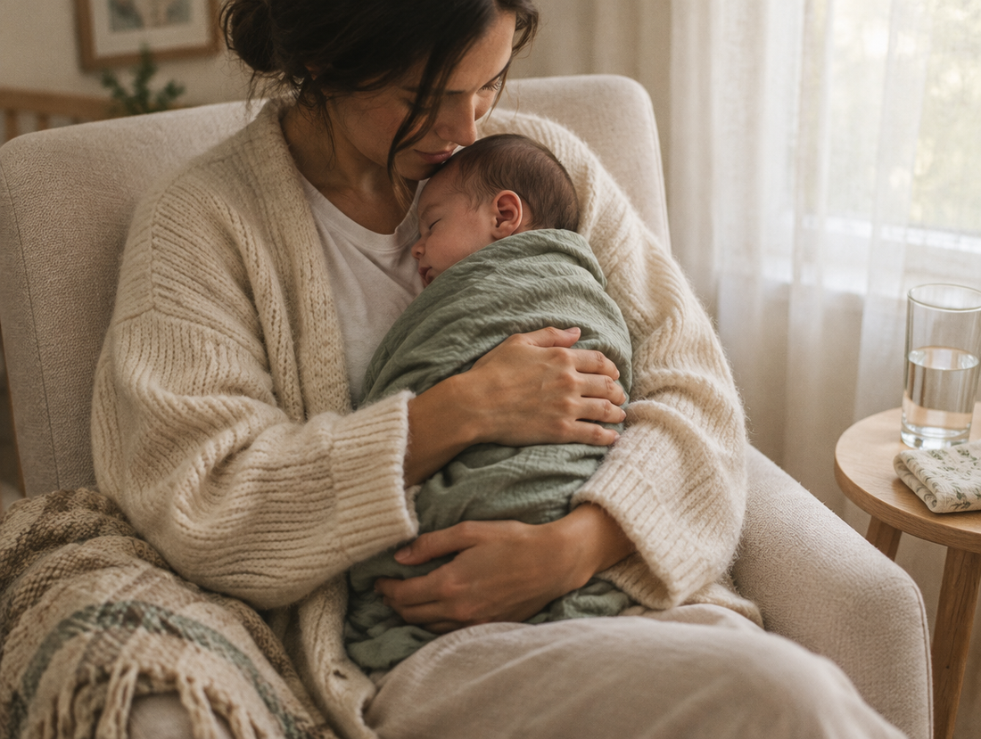 New mother cradling her sleeping newborn in an armchair by a window