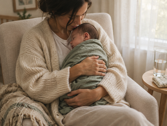 New mother cradling her sleeping newborn in an armchair by a window