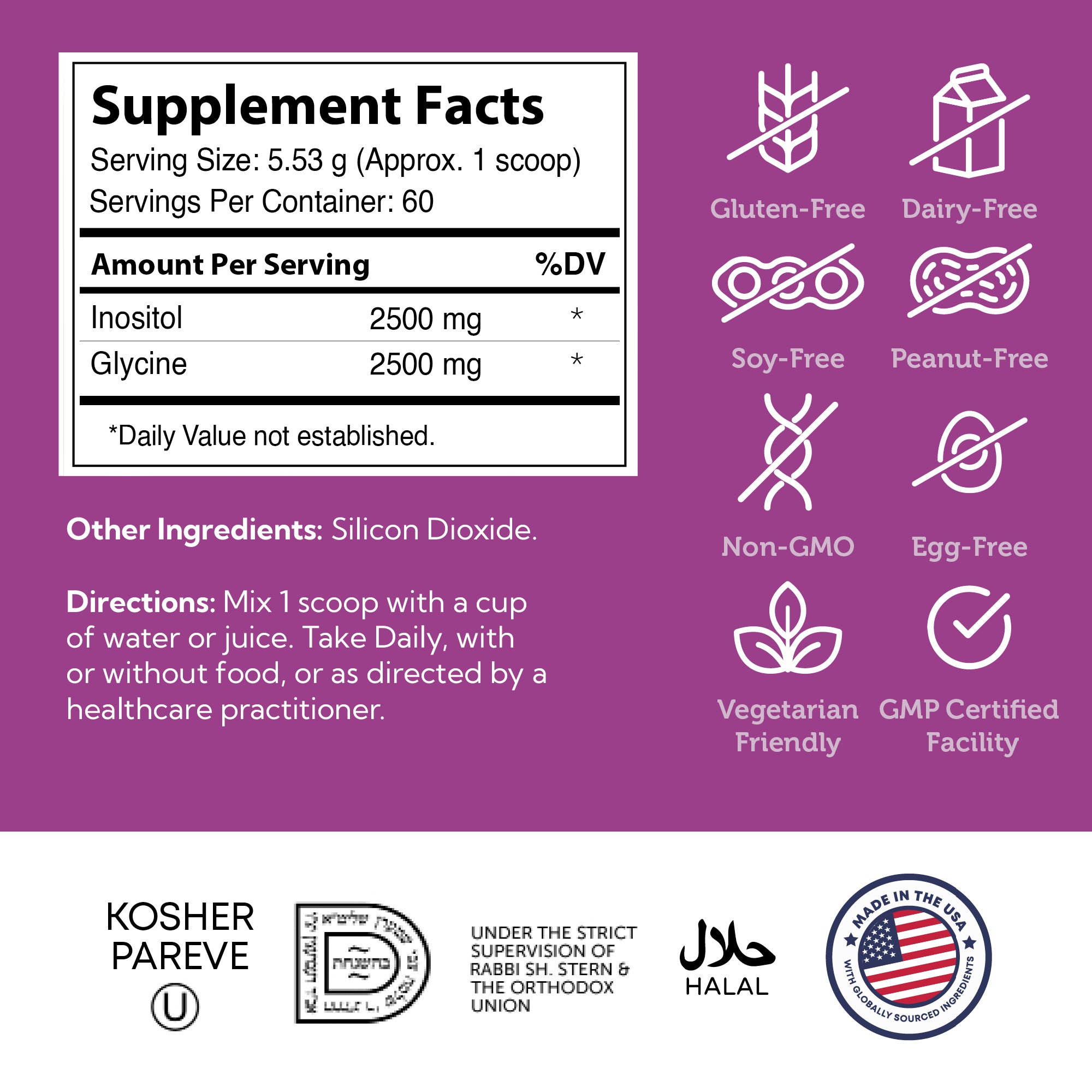 Product label and ingredient information for Advanced Nutrition by Zahler - Inositol + Glycine Powder, 330 g